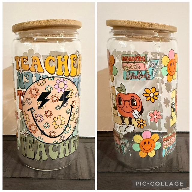 Teacher- Smiley Face 16 oz Glass Cup with Bamboo Lid