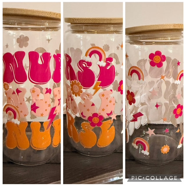 Nurse (Orange & Pink) 16 oz Glass Cup with Bamboo Lid