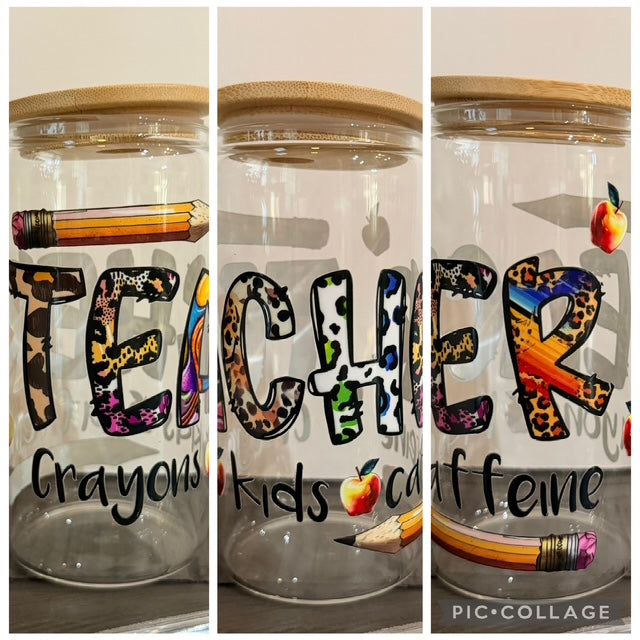 Teacher- crayons, kids Caffiene 16 oz Glass Cup with Bamboo Lid