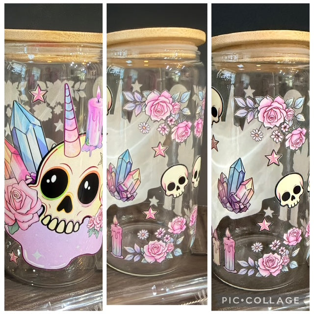 Skull (Blue & Pink) 16 oz Glass Cup with Bamboo Lid