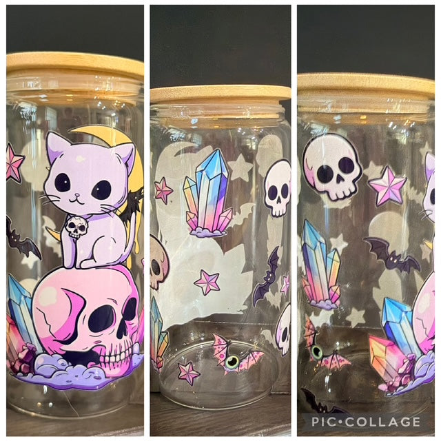 Pink Cat & Skull 16 oz Glass Cup with Bamboo Lid