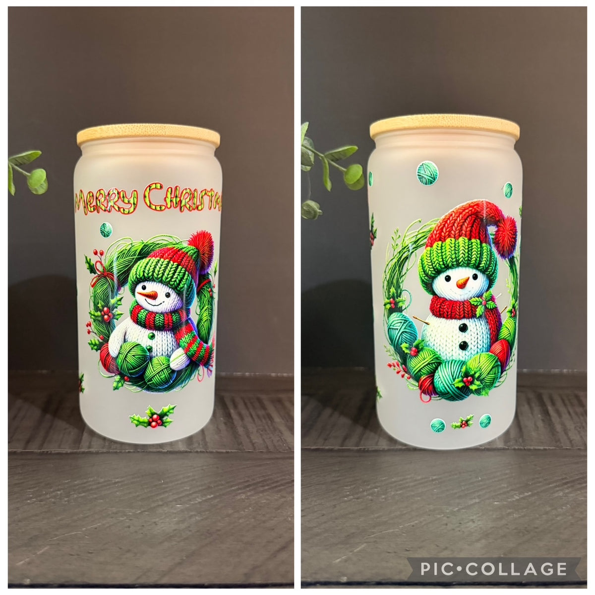 Merry Christmas Snowman (Green) 16 oz Glass Cup with Bamboo Lid