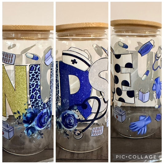 Nurse (Yellow, Blue, White) 16 oz Glass Cup with Bamboo Lid