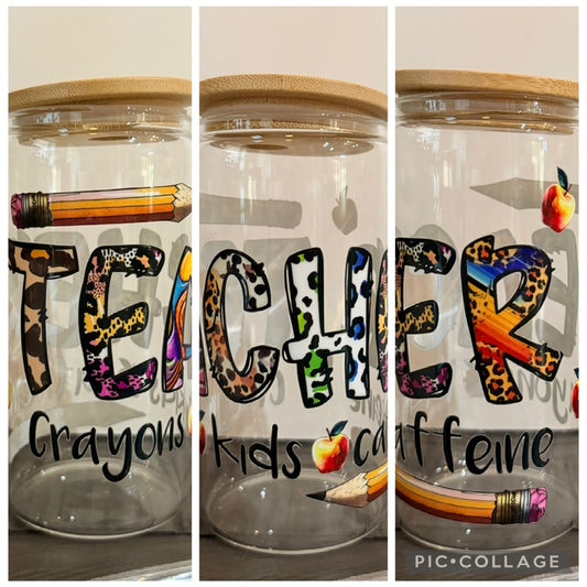 Teacher- crayons, kids Caffiene 16 oz Glass Cup with Bamboo Lid
