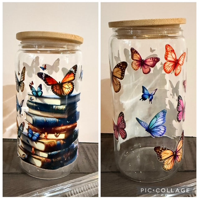 Books & Butterflies 16 oz Glass Cup with Bamboo Lid