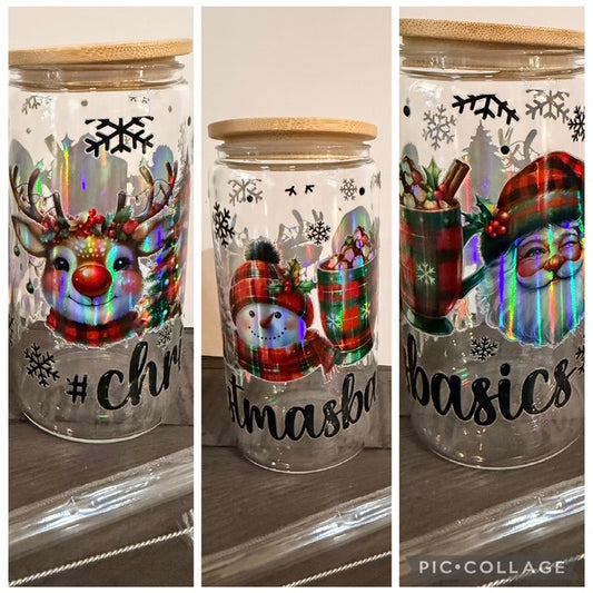 Christmas Basics 16 oz Glass Cup with Bamboo Lid