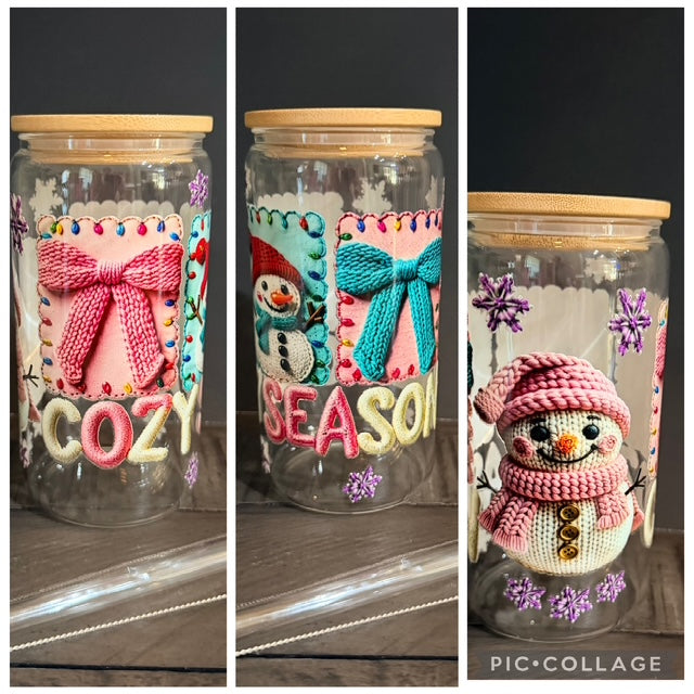 Cozy Season Snowman 16 oz Glass Cup with Bamboo Lid