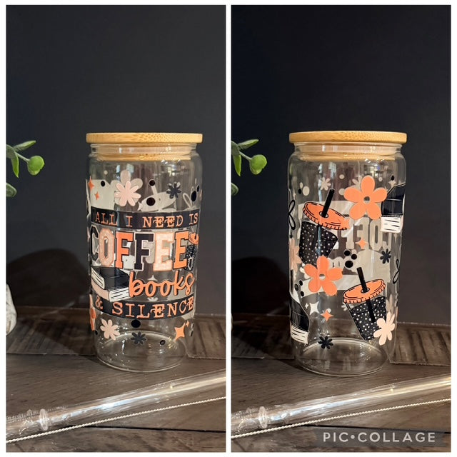 All I need is Coffee & Books 16 oz Glass Cup with Bamboo Lid
