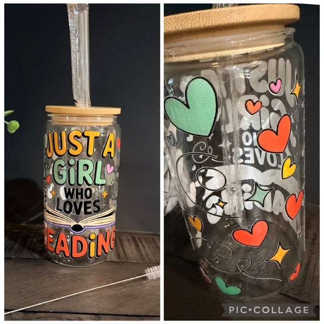 Just a Girl Who Loves Reading 16 oz Glass Cup with Bamboo Lid