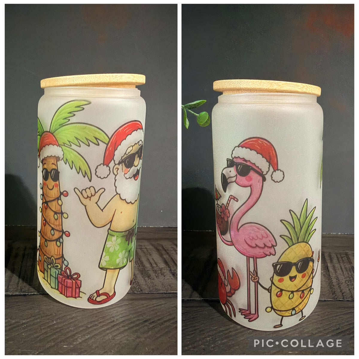 Beachy Santa 16 oz Frosted Glass cup with Bamboo Lid