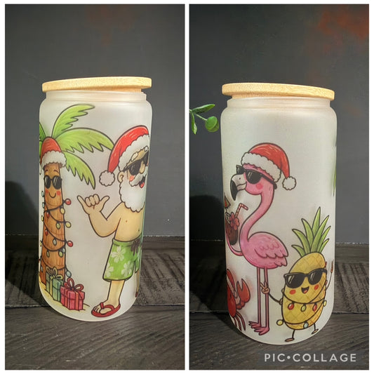 Beachy Santa 16 oz Frosted Glass cup with Bamboo Lid