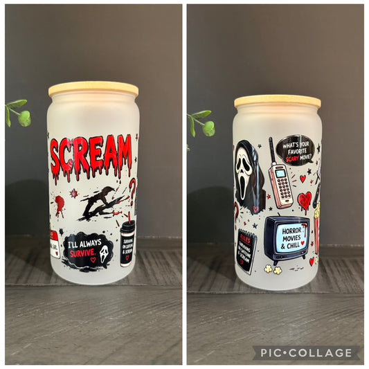 Scream Ghost Face 16 oz Glass Cup with Bamboo Lid