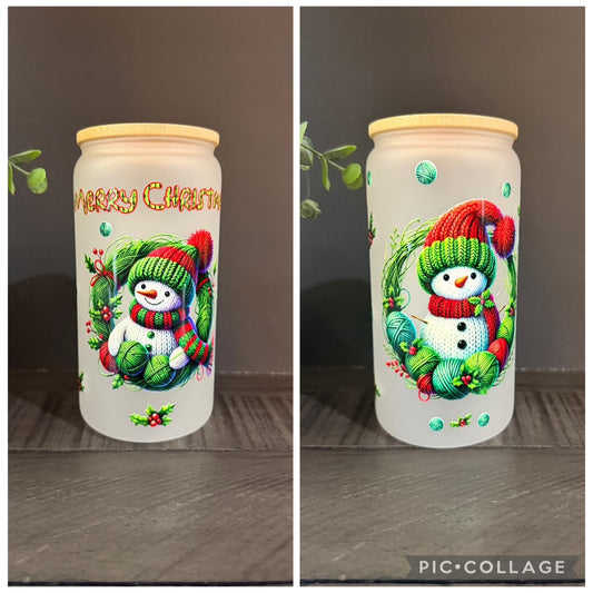 Merry Christmas Snowman (Green) 16 oz Glass Cup with Bamboo Lid