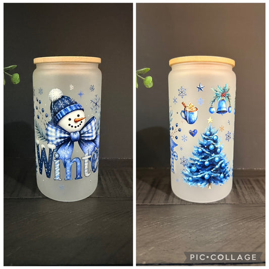 Snowman (Blue) 16 oz Frosted Glass Cup with Bamboo Lid